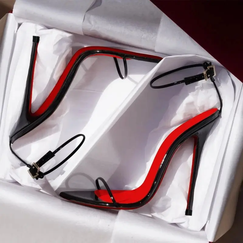 Women's 2026 New Minimalist Line Dance Footwear - 10cm Ultra High Thin Heels Sandals, Curved Straight Strap, Wristband, Red Bottom, Large Size, Multiple Materials, Rubber Sole, Black Option