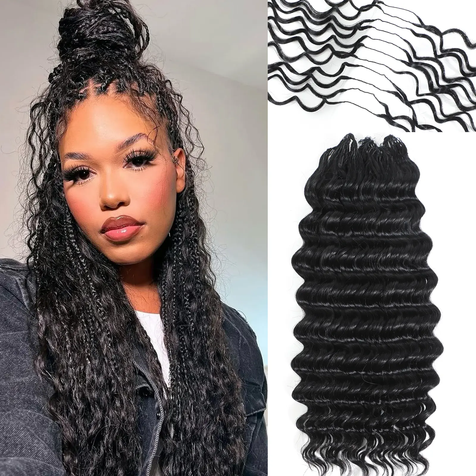 Urbeauty Feather Crochet 100% Human Hair for Women, Deep Wave for Boho Braids, Pre-Looped, Knotless & Invisible Finish, 100% Human Hair, Soft, Lightweight & Reusable, Beginner-Friendly