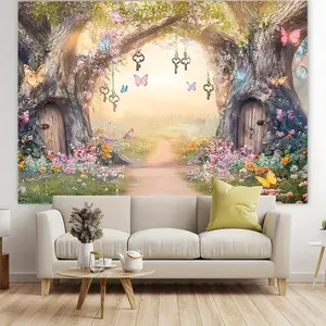 Whimsical Forest Polyester Backdrop - 1pc Giant Tree Trunks, Colorful Flowers, Butterflies Ornaments Banner for Live Streaming, Parties - Versatile Indoor/Outdoor Home & Festive Decoration