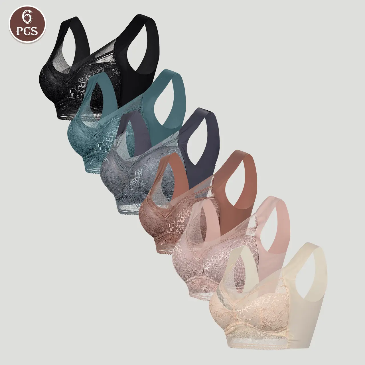 【6pcs】HIXOWIA Women's Soft Comfortable Breathable Wireless Lingerie Top for Daily Wear, Women's Lingerie for All Seasons, Sexy Floral Lace girls' bra Everyday Bra  Vneck Womenswear outdoorfun