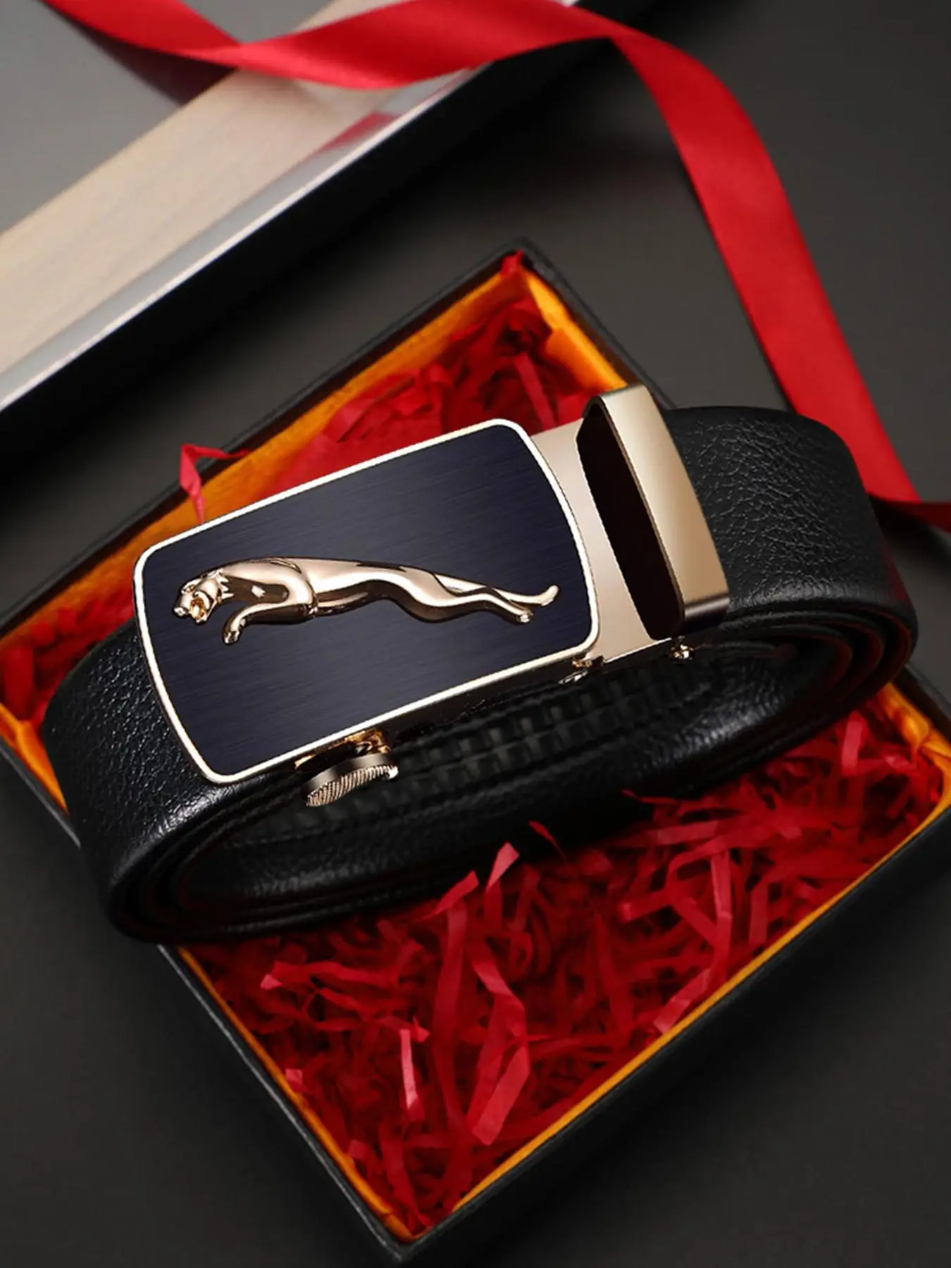 Men's Leopard Design Automatic Buckle Lychee Texture PU Leather Belt, Business Casual Waistband for Jeans, Fashion All-match Clothes Accessories witho