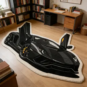 Scissor door supercar shaped carpet black yellow plush floor mat living room study anti slip wear-resistant decoration mat, Non slip rug