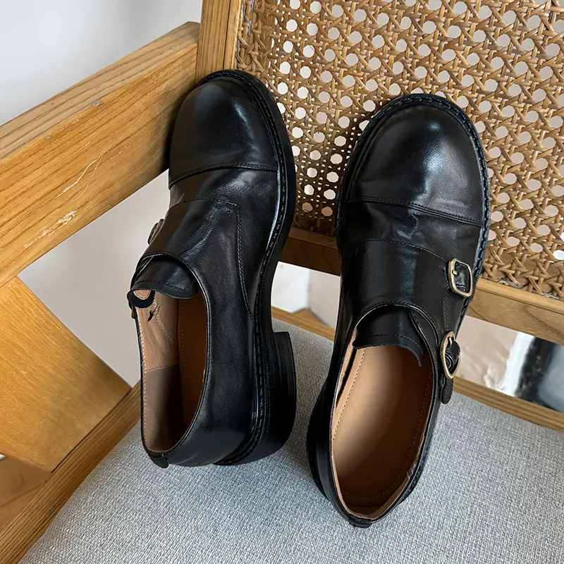 British Style Vintage Monk Strap Cowhide Leather Shoes with Round Toe in Black