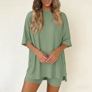 Women’s Summer Lounge Set – Oversized Crewneck Tee & Biker Shorts with Pockets | Soft Minimalist Two-Piece Outfit Mother's Day Gift Womenswear Loungewear