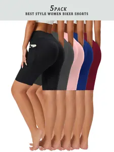 Female High-Waist Crescent Pocket Super Stretch Shorts - Stretchy Polyester Blend, Mid-Thigh Length, Elastic Waistband, Solid Color Mesh Fabric, Sweat-Absorbent for Summer, Workout Gym, Yoga Biker Use