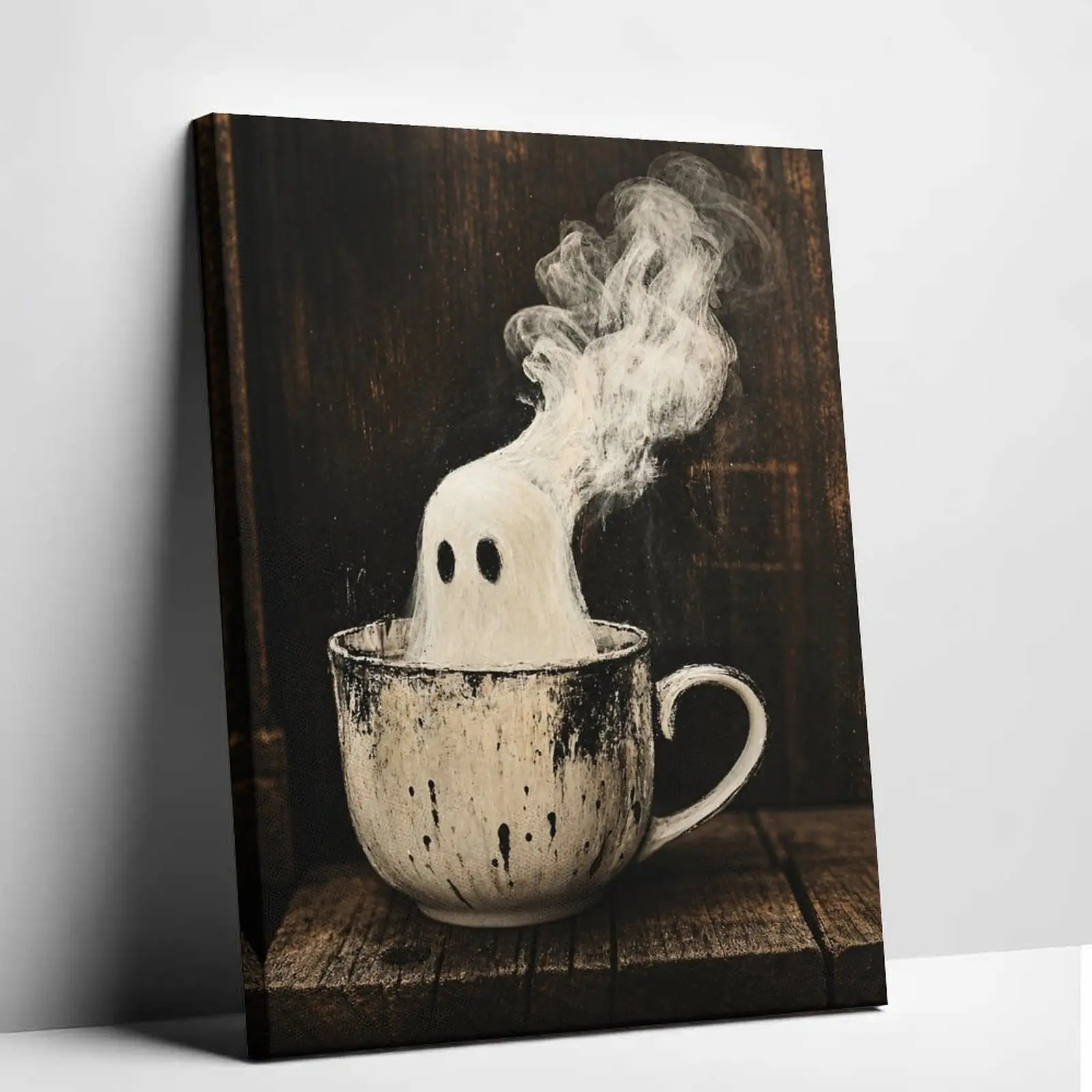 Spooky Ghost Coffee Cup Canvas Wall Art Dark Academia Halloween Decor Vintage Gothic Painting Print Aesthetic Room Wall Hanging Coffee Bar Wall Decor Aesthetic Cottagecore Art Picture Poster Gift