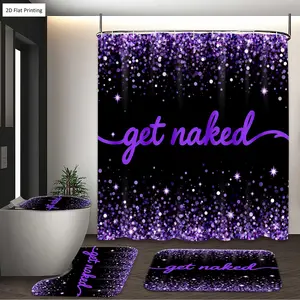1/3/4PCS Purple Glitter Background with Get Naked Text Shower Curtain Set with Rugs, Non Slip Bath Mat, U-Shape Carpet, Toilet Lid Cover, Bathtub Curtain Accessories, 12 Hooks, Home Bathroom Festival Decor, Bathroom Decoration Accessories