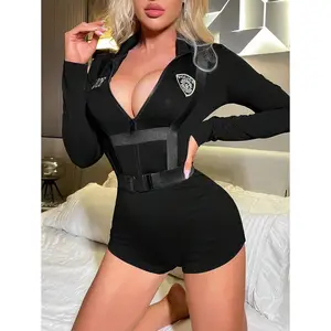Police Roleplay Party Sexy Front Zip Mock Neck Long Sleeve Romper Shorts + Suspenders Costume Set