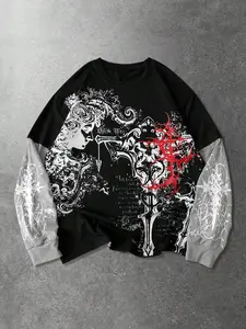 Unisex street style Gothic retro cross-stitch, Graphic print mock-two-piece layered long-sleeve T-shirt, spring and autumn version with cotton, soft and comfortable, stylish and trendy streetwear, suitable for Gothic-inspired outfits