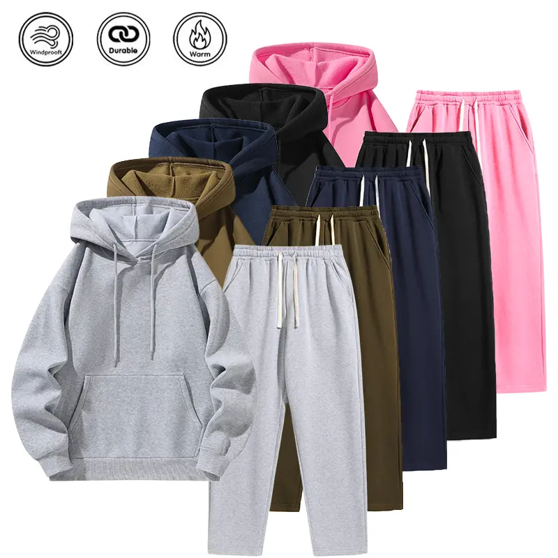 Men’s loose fleece two-piece set with metal drawstring and kangaroo pocket, street-casual sporty style, available in multiple colors, suitable for autumn/winter back-to-school everyday wear, a versatile gift for men.