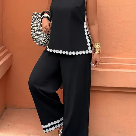 Plus Size Women's Two-Piece Set: Sleeveless Tank Top and Wide Leg Pants with Contrast Trim, Style for Summer Vacation, Casual Set