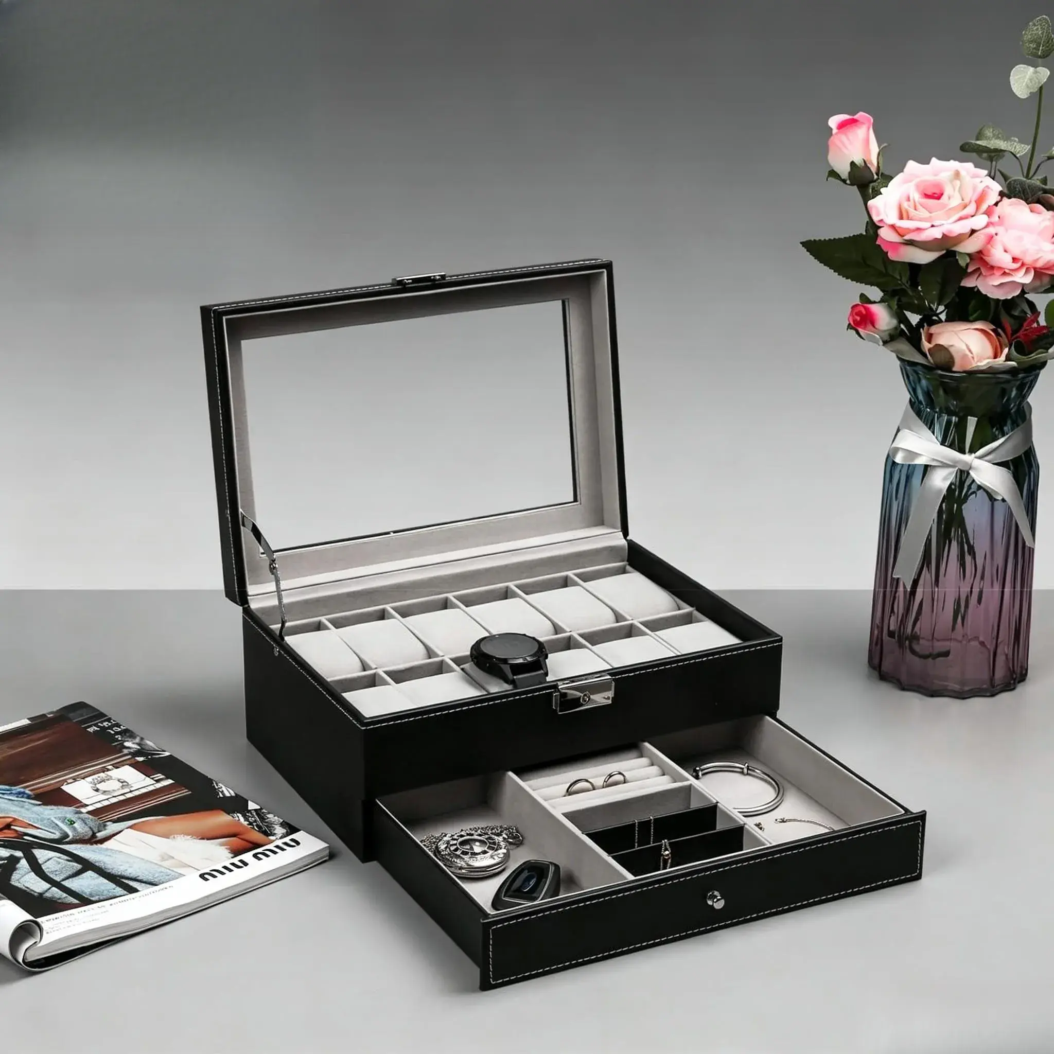 【Summer Sale Deals】12 Slot PU Leather Lockable Watch Storage Boxes, Men & Women Jewelry Display Drawer Case, 2-tier Organizer Watch Showcase with Glass Lid Jewellery,dorm essentials,home decor