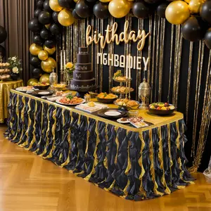 6/9 FT Black Gold Sequin Tutu Table Skirt for Rectangle Tables Glitter Curly Willow Table Skirting Ruffle Table Cloth Desk Skirts for Birthday Graduation Prom Theme Party Decorations outdoorfun
