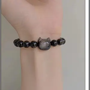 Natural silver obsidian cat head obsidian bracelet Female boudoir personality sweet cool fashion black gem bracelet