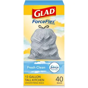 ForceFlex 13 Gal. Tall Kitchen Drawstring Scent with Febreze Freshness, Heavy Duty Kitchen Trash Bags, 13 Gallon Drawstring Bags, Rip Resistant Trash Bags, Trash Bags with Febreze, Odor Control Kitchen Bags, Leak Proof Trash Bags, Glad Tall Kitchen Bags.