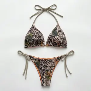 Tree Camo Orange Bikini Set for Women, Trendy Style Two- Piece Bikini Set For Women, Bikini Set, Women swim wear, Beach wear bathing suit