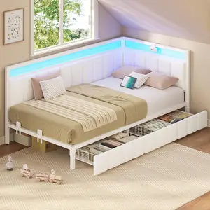 Sikaic Corner Bed Frame with Storage Drawers, Daybed with Linen Fabric Upholstered Fence, Kids Bed Unit with LED Light and Charging Station, Modern Bed Frame, Beige summervibes