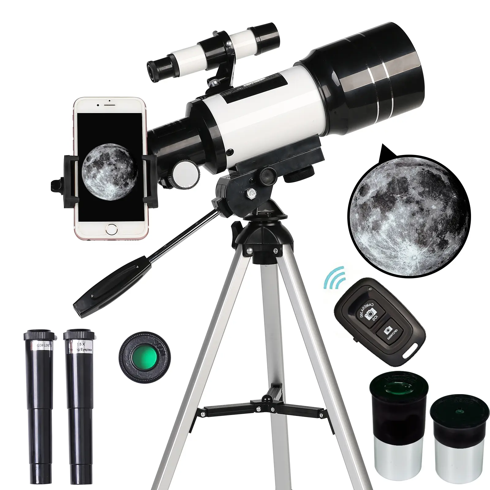 Beginner-Friendly Refractor Telescope for Adults, 70mm Aperture, 15X-150X High Mag. Stargazing Telescope with Easy Setup, Phone Adapter, Wireless Remote, 3 Years Warranty, Portable Travel Black Astronomy Gift, 3X Barlow Lens
