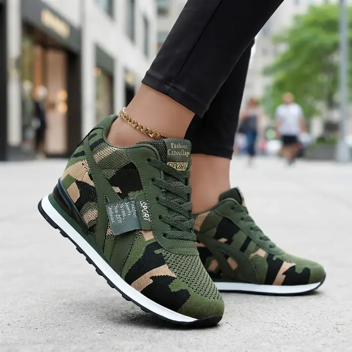 Women's Camouflage Height-Increasing Sneakers - Slip-On Lace-Up Low-Top, Comfortable, Lightweight, Breathable, Versatile All-Season Casual Trainers with Built-In Lift for Outdoor Wear