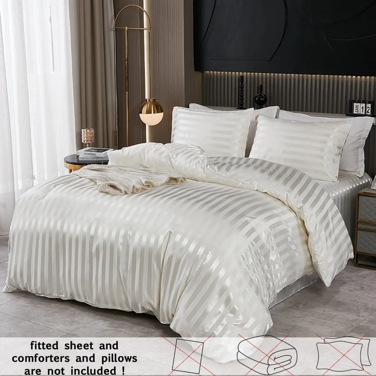 2/3PCS Hotel Luxury Satin Striped Duvet Cover Set, King/Queen Size Microfiber Cotton Bedding Bed Covers, Soft Breathable Comforter Cover with Zipper Closure & 2 Pillowcases, Wrinkle Free for All Seasons