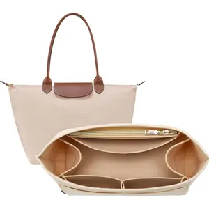 Purse Organizer Insert for Longchamp Le Pliage, Premium Felt Long Champ Bag Handbag Women, Tote Organizer Insert with 9 Compartments (Large, Beige)