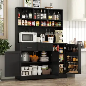 Kitchen Pantry Storage Cabinet, Tall Kitchen Hutch with Microwave Stand, Modern Buffet Cabinet with Goblet Holders Black Furniture