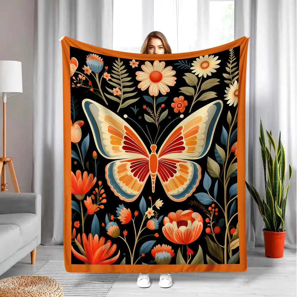 Boho Folk Style Large Butterfly Autumn Floral Black Throw Blanket - Solid Black Base, Terracotta Orange Wildflower & Fern Leaf Flannel, Soft Fleece with Central Oversized Vintage Wing Butterfly, Cottagecore Nature Lover Birthday Gift