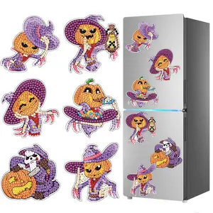 6-piece set, 5D diamond art magnetic ornaments, Halloween DIY diamond painting refrigerator magnets, includes a tool kit, magnetic backing, and handmade art decorative stickers, suitable for adult craft enthusiasts.