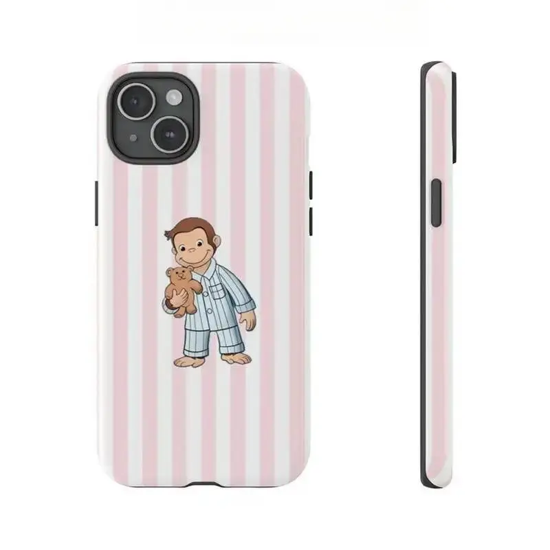 Cute Curious George Pink Striped Smartphone Casing - Durable, Shock-Absorbing Phone Accessory for Handheld Devices - Compatible with iPhone 17,16,15,14,13,12,11, Plus, Pro, Pro Max - Ideal Birthday Gift, Accessories