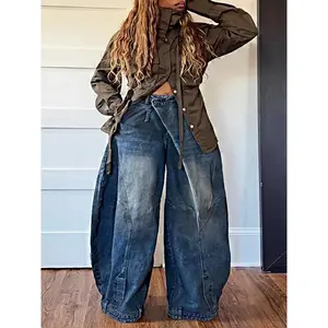 Women's Retro High-Waist Wide-Leg Jeans - Cross Asymmetric Button Front, Elastic Comfortable Denim with Functional Pockets, Machine Washable & Durable, Suitable for Work, Office & Street Wear Can be used with a raincoat