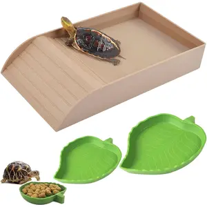 3pcs Tortoise Food Dish with Ramp and Basking Platform Leaf Tortoise Water Food Bowls Reptile Water Dish Turtle Reptile Pool for Amphibians Brown