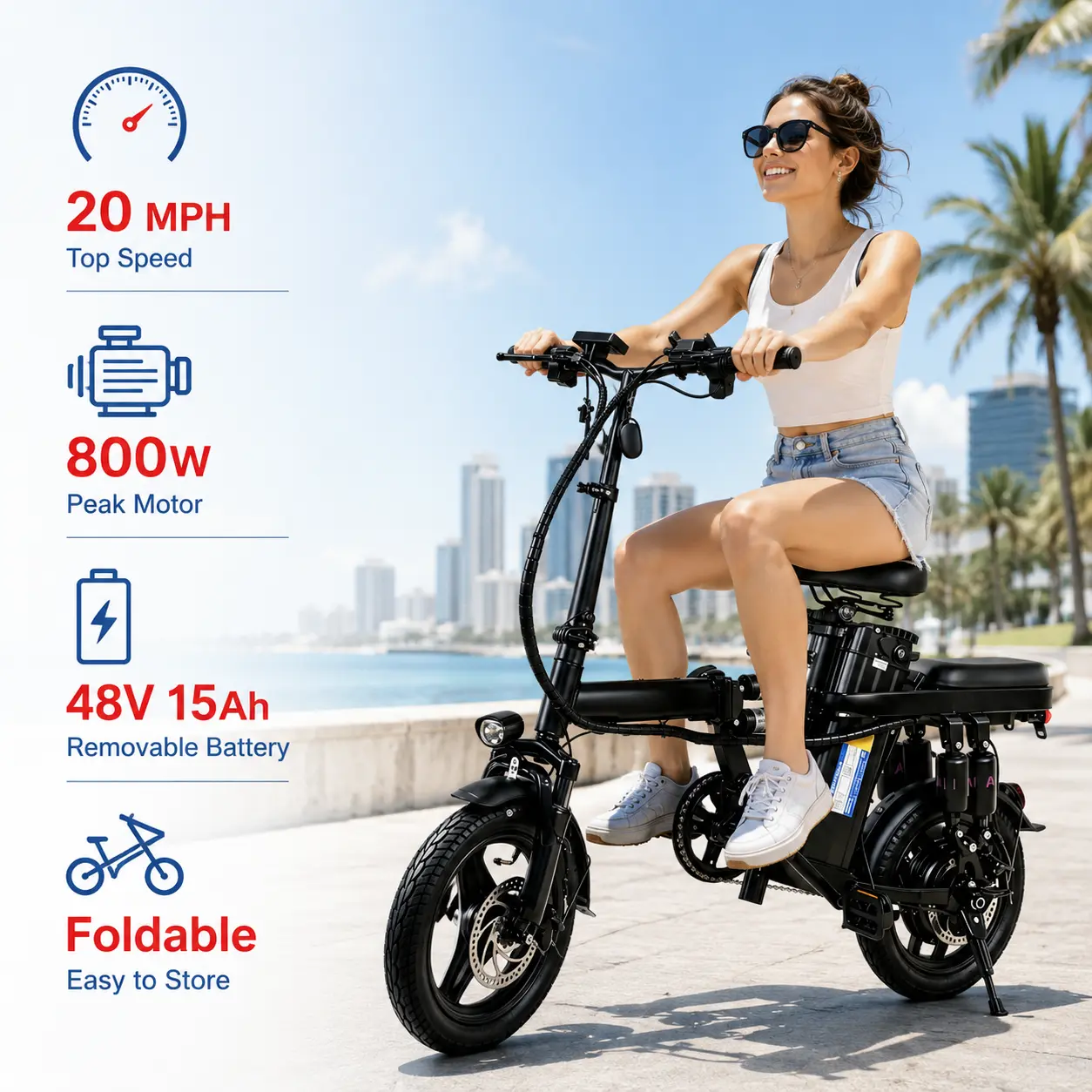 Adult 14-Inch Lightweight Folding Ebike - Outdoor Commuting, 400W Motor, 48V 15Ah Battery, Dual Suspension, Dual Disc Brakes, LCD Display, 20MPH Speed, Adjustable Seat, Ebikes long-lasting Foldable Electric Bike, Compact