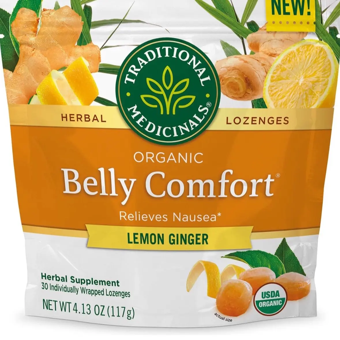 Traditional Medicinals Organic Belly Comfort Lemon Ginger Lozenges - Nausea Relief - 30 Count