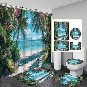 Tropical Beach Coconut Tree Summer Vacation Shower Curtain Set, Decoration, Waterproof Fabric, Includes 12 Hooks, Non-Slip Bathroom Mat, Toilet U-Shaped Pad