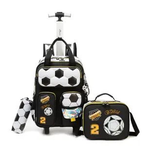 3Pcs Boys Rolling Backpack Set, Kids 3D Soccer School Bookbag with Wheels, Insulated Lunch Box and Pencil Case, Wheeled Sports Travel Bag for Elementary print