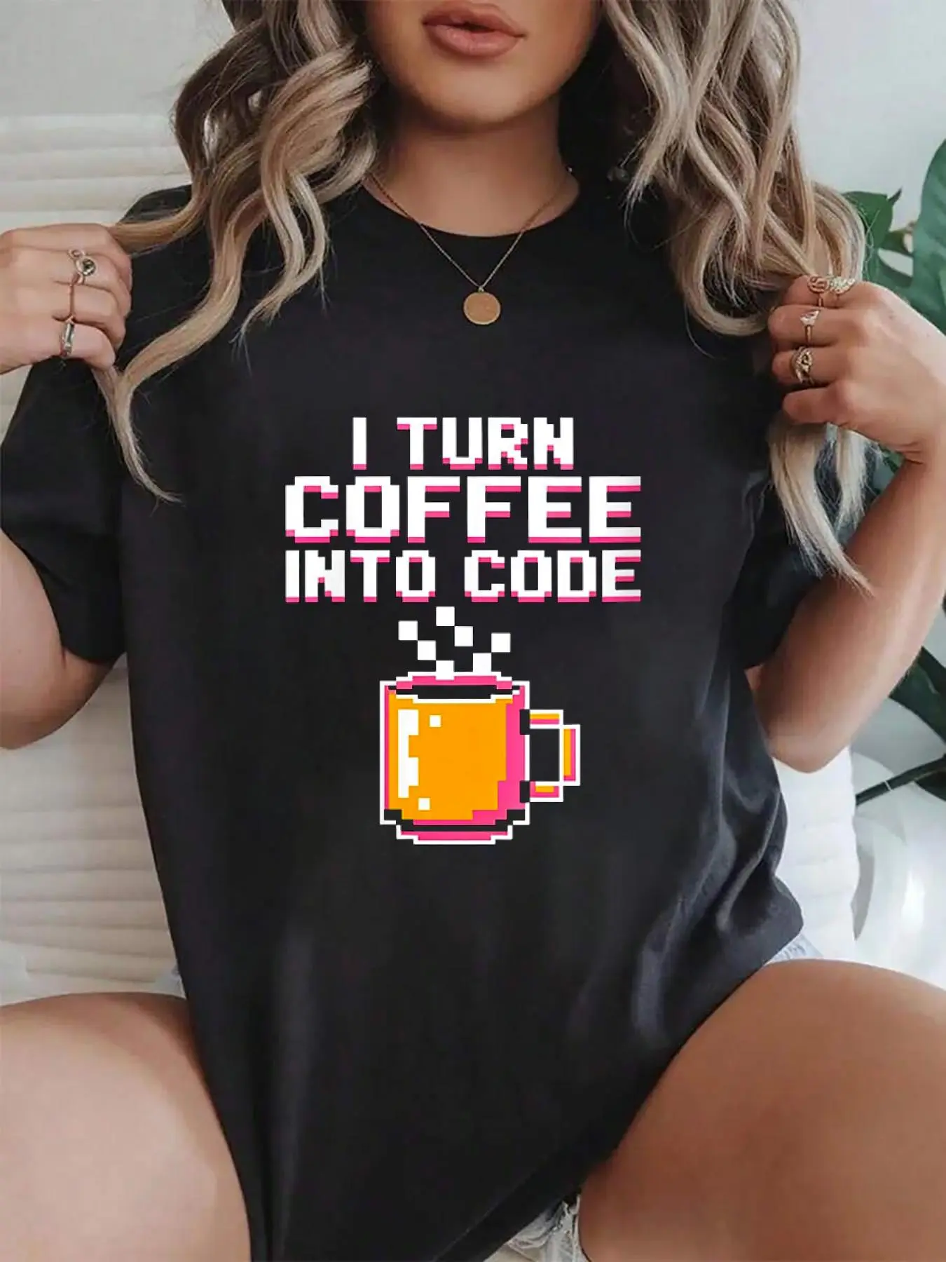 100% cotton Womens I Turn Coffee Into Code Funny Retro Pixel Style Coder Coding o-neck T-Shirt Women Graphic T-Shirt Cotton Print short Sleeve Casual Top, Summer Tee Womens Tops