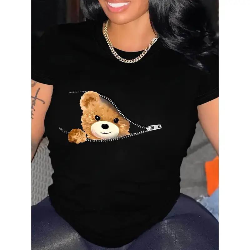 Unisex Streetwear T-Shirt with Printed Teddy Bear Zipper Graphic - Casual Short Sleeve Round Neck Top in 100% Cotton, Shortsleeve, Fabric, Tshirt