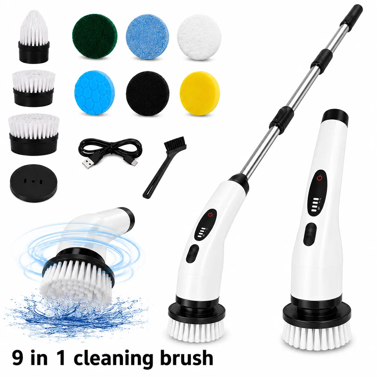 9-in-1 Electric Spin Scrubber, Cordless Rechargeable Cleaning Brush with Extendable Handle, 3 Speeds, IP64 Dust & Splash-Resistant for Bathroom, Bathtub, Tile, Floor and Kitchen
