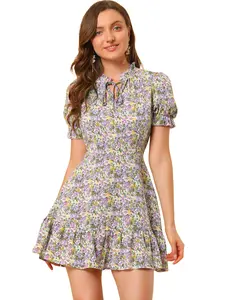 INSPIRE CHIC Women's Ruffle Dress Summer Chiffon Tie Neck Puff Short Sleeve Floral Smock Dress
