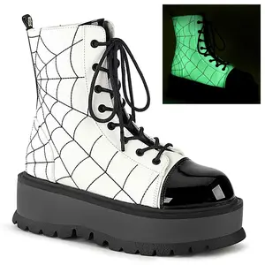 Demonia Slacker-88 White Glow Vegan Leather Black Patent Ankle Boots with 2" Platform Lace-Up Design & Embroidered Spider Web Detail