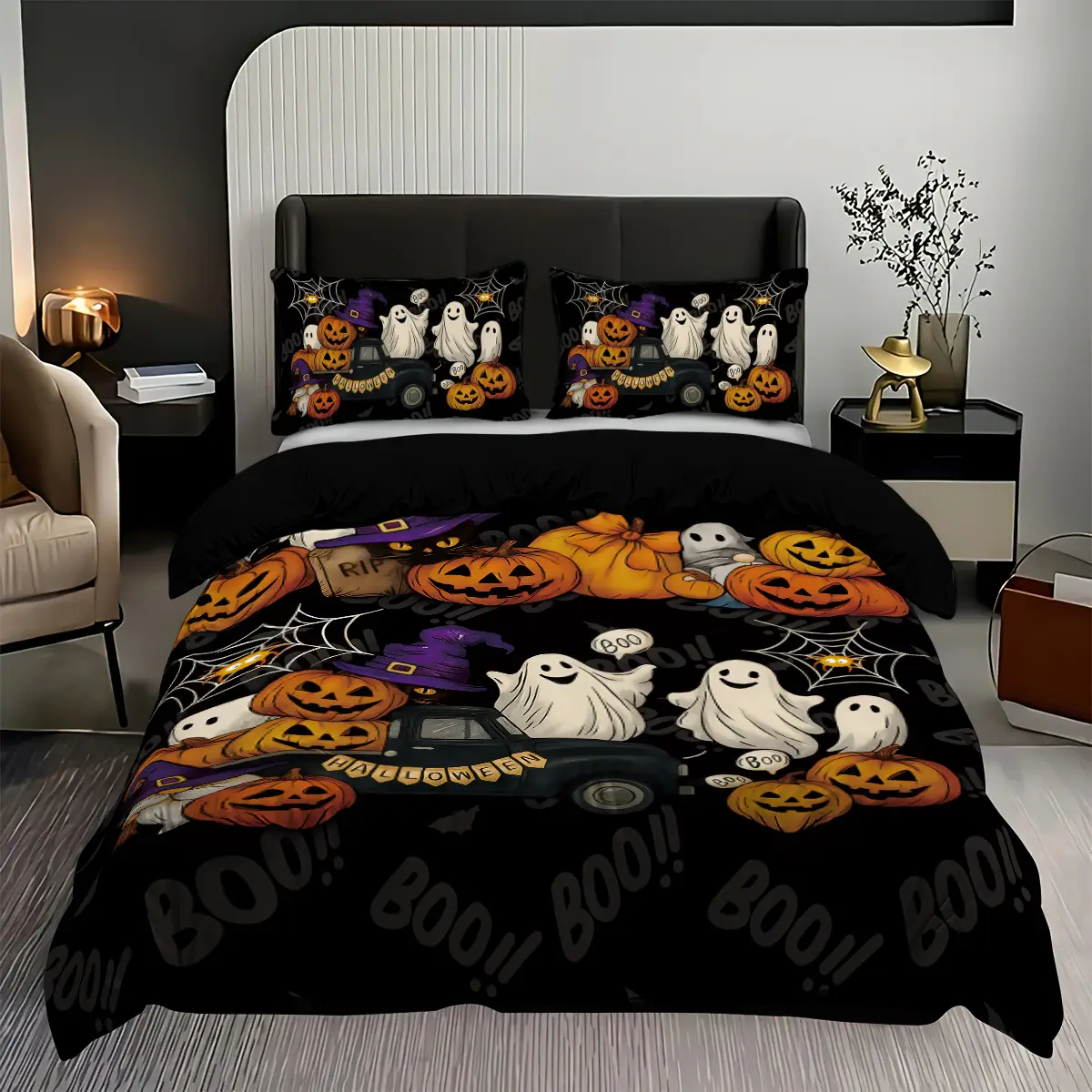 Halloween Bedding Set, Evil Pumpkin Ghost Cat Design, Includes 1Duvet Cover & 2Pillowcases, Perfect for Holiday Decor Gift