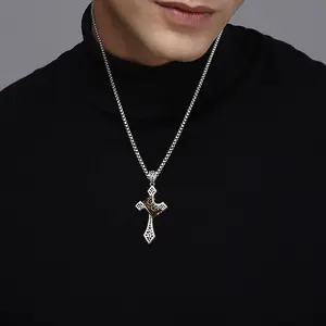 Tewiky Cross Necklace For Men Titanium Stainless Steel & Brass Crown Necklace for Gift Pendant For Easter
