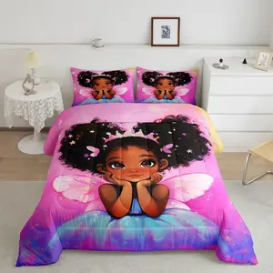 Black Girls Comforter Sets for Kids Boys Girls,African Princess Wings Bedding Set,Galaxy Stars Quilt Set,Pink Gradient Duvet Set for All Season Figure Print Blanket Printed Blanket
