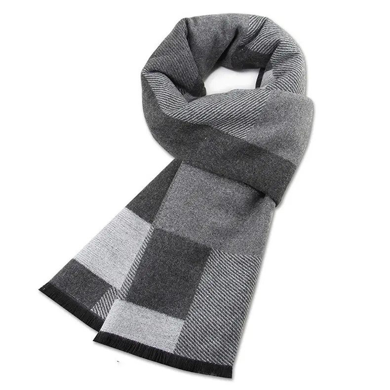 Men's Plaid Scarf - Stylish Grey and Black Checkered Design for Winter Fashion