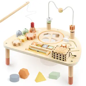 Joyreal Wooden Activity Table Busy Board for 18M+Toddler, with Fishing Game Bead Maze Shape Sorter Montessori Toys, Christmas Gift for Kid