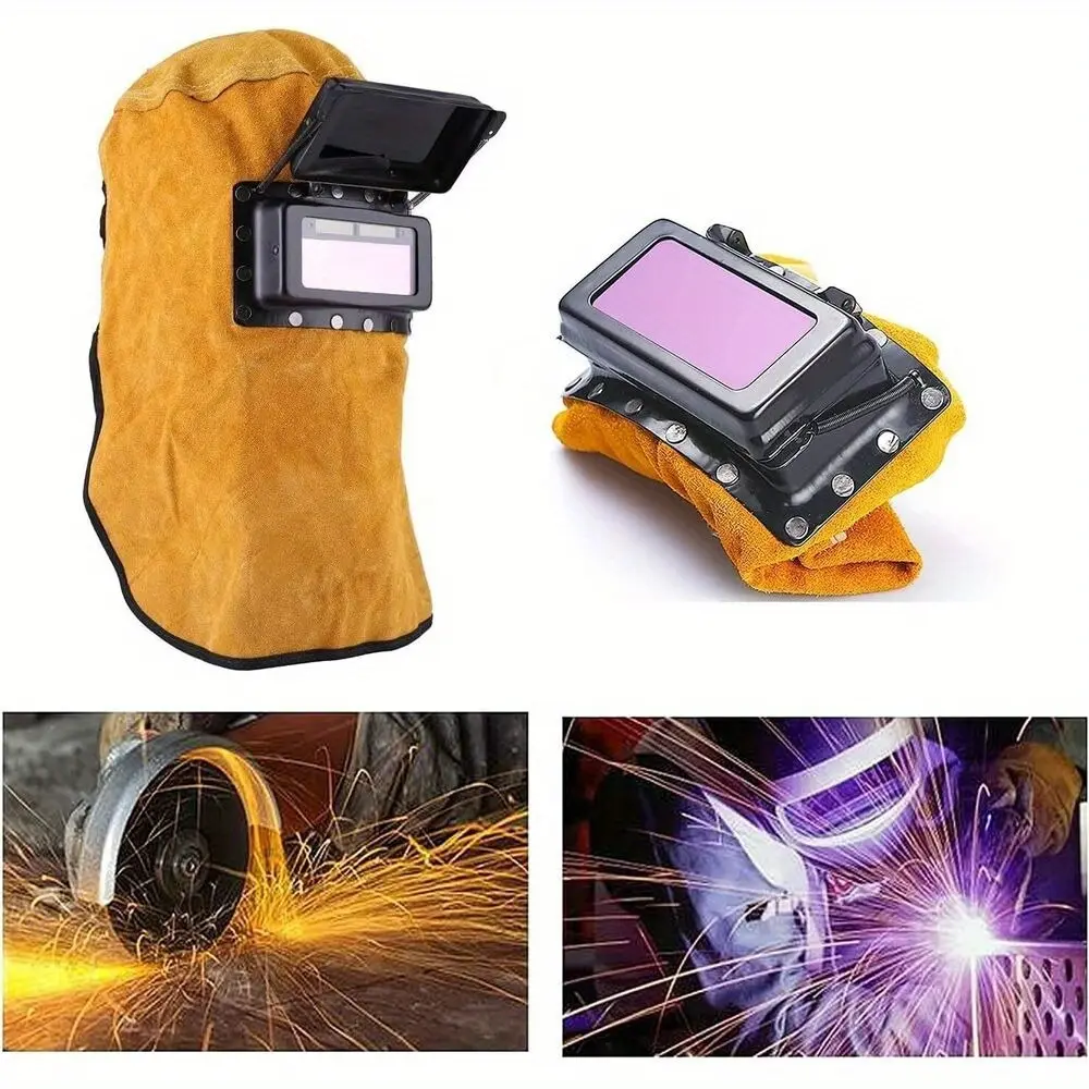 Faux Leather Welding Helmet with Double Lenses, Velcro-Adjustable Cowhide Sweat-Absorbing, Heat-Resistant, Breathable Design – Splashproof Solid Protection, Comfortable Fit for Professional Welding Work Sites Safety Gear