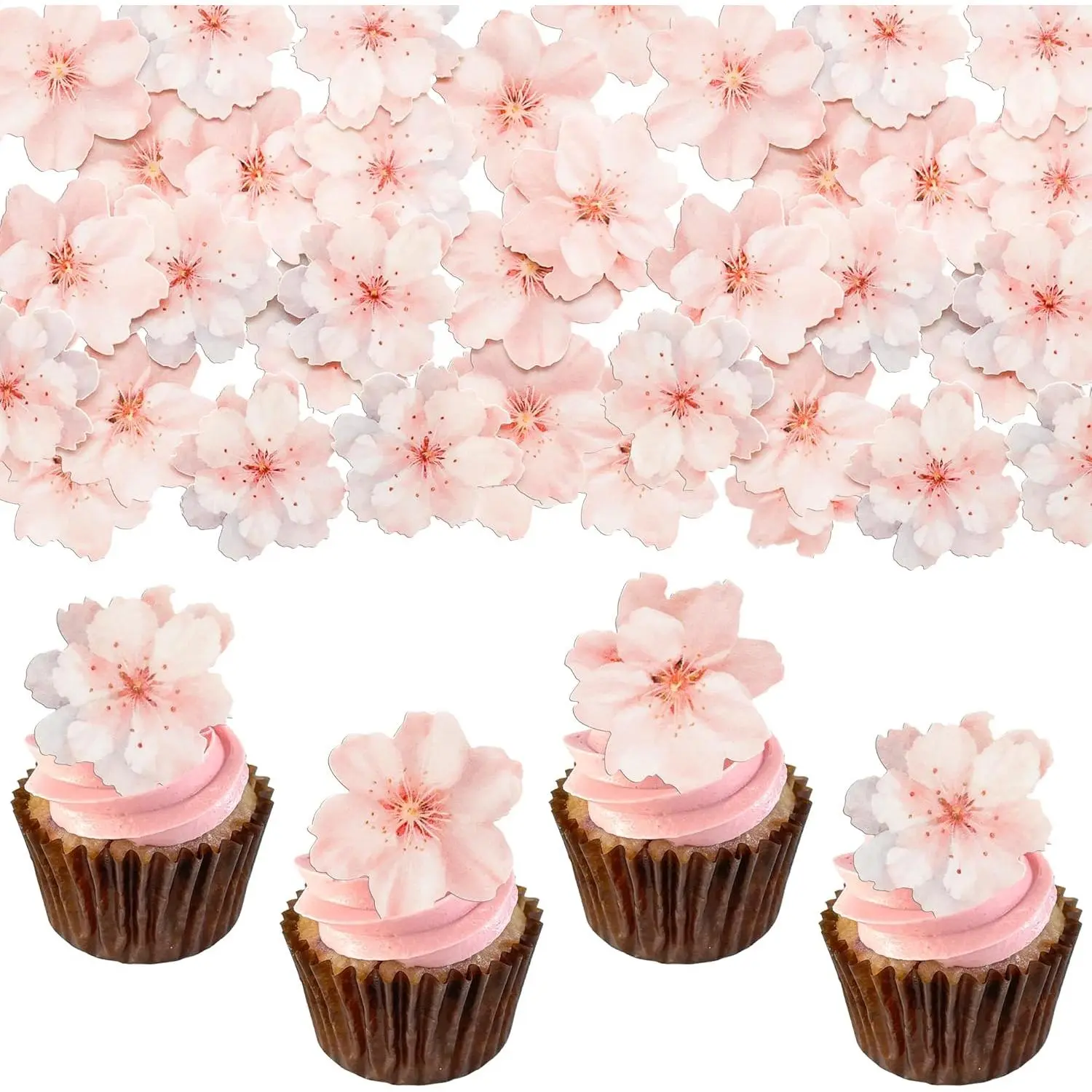 54Pcs Multi-Size Watercolor Floral Edible Cherry Blossom Flowers Cake Decorations - Safe Paper Cupcake Toppers (35mm x 42mm, Pink, Spring) for Wedding, Birthday Supplies