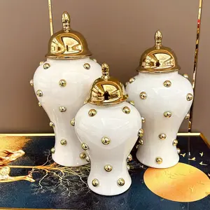 New Classic Ceramic Vase with Round Shape and 3D Bubble Design - European Style Decorative Flower Vase with Electroplated General Jar Lid - Elegant Storage Container for Home Decor and Floral Arrangements Ornaments