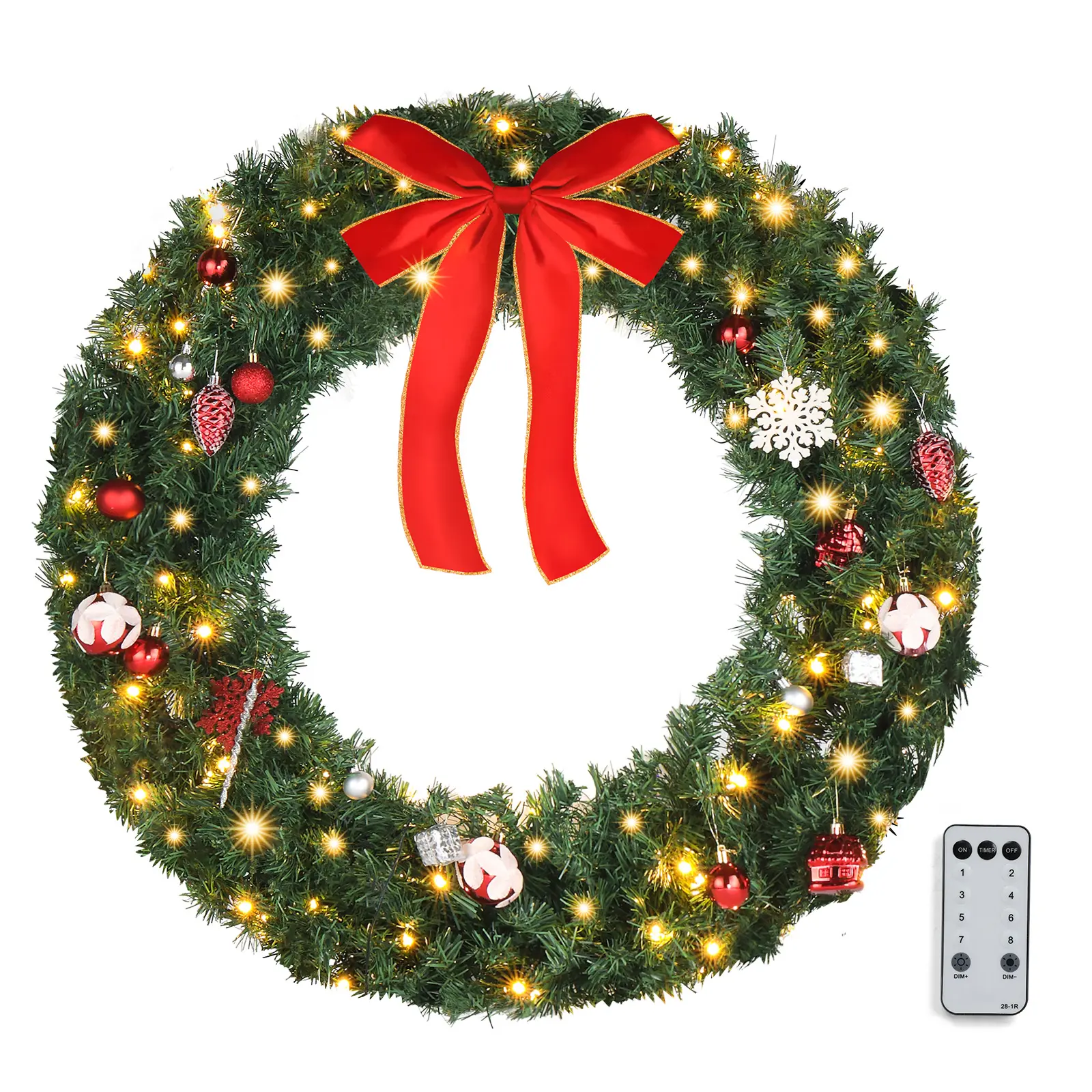 Ubesgoo 36in Green PVC Christmas Wreath, 100 Warm Lights, 8 Lighting Modes with Remote Control, 300 Branches, with Bowknot & 18 DIY Accessories, US Plug, S101