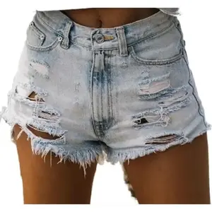 2024 European & American hot-selling cross-border women’s high-waisted ripped denim shorts with tassels — comfortable summer casual fashion bottoms with pockets, fitted cut, basic blue design